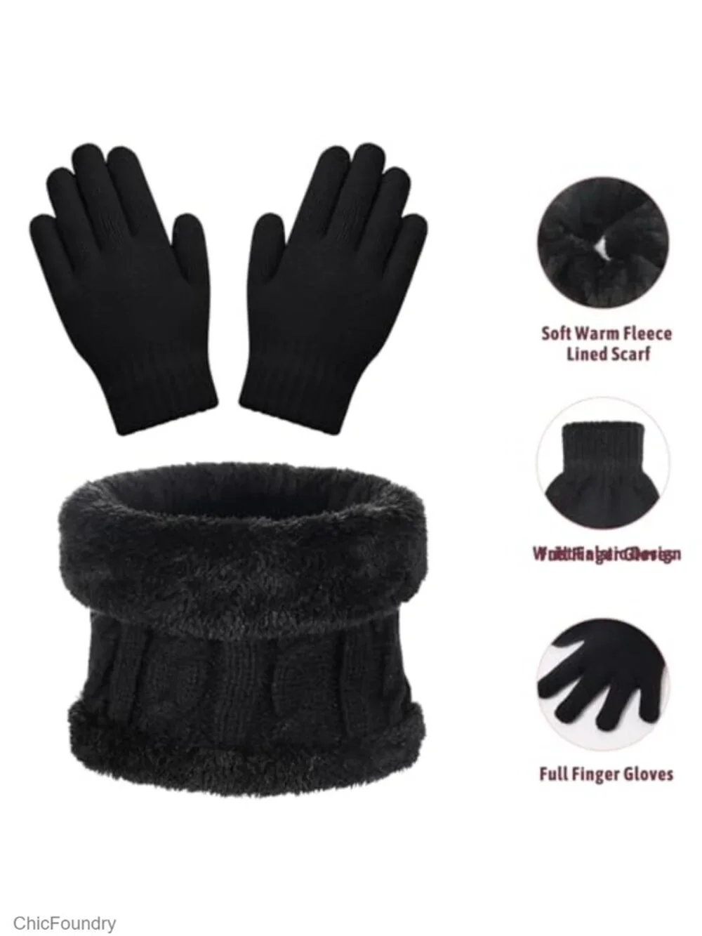 Kids Winter Beanie Hat Scarf Gloves Set Thick Warm Knitted Fleece Lined